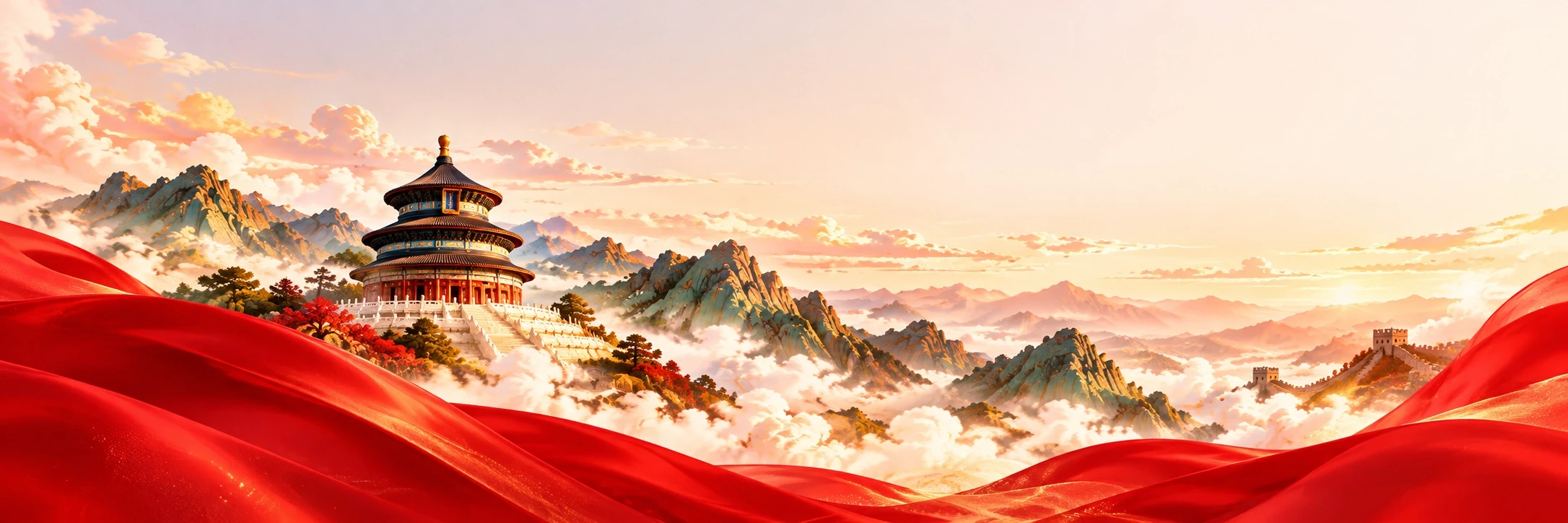 天坛、祖国山河与飘扬的红绸
